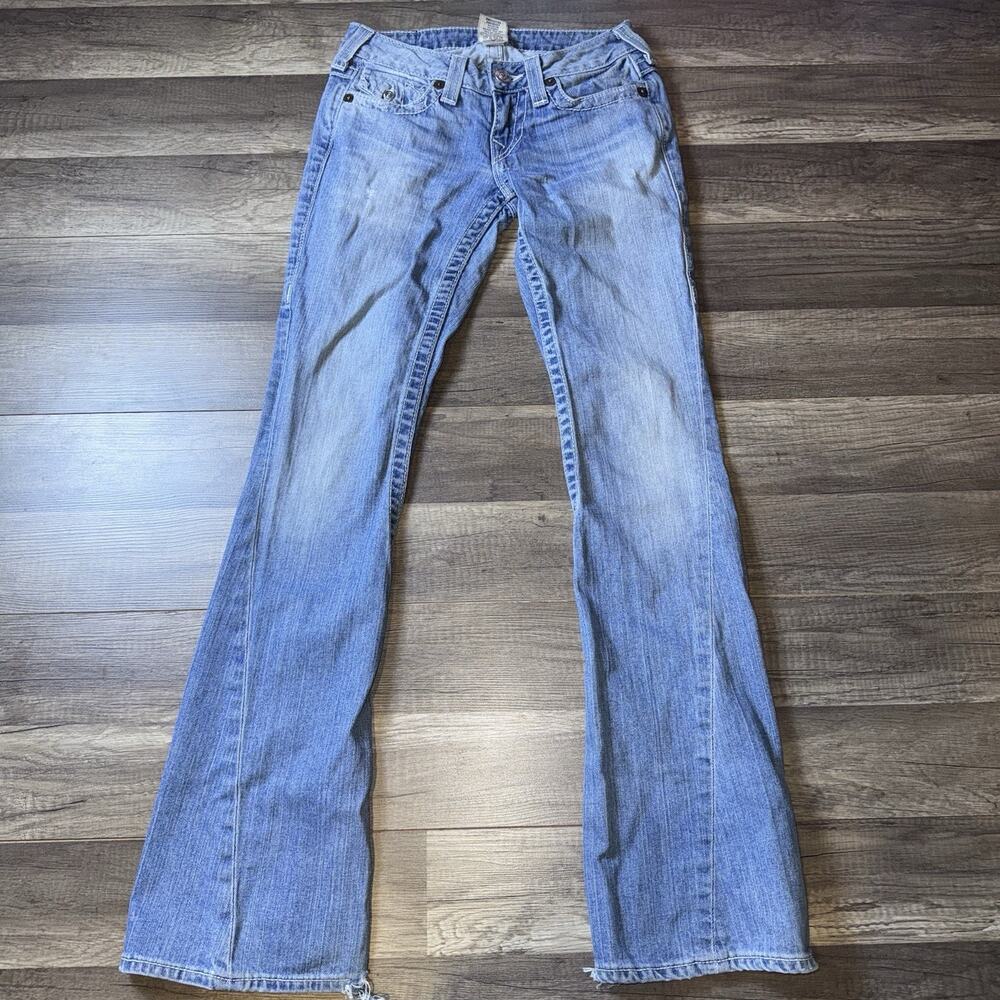True Religion Joey Flare Jeans Women 26 Y2K Made USA Light Wash Distressed Low R